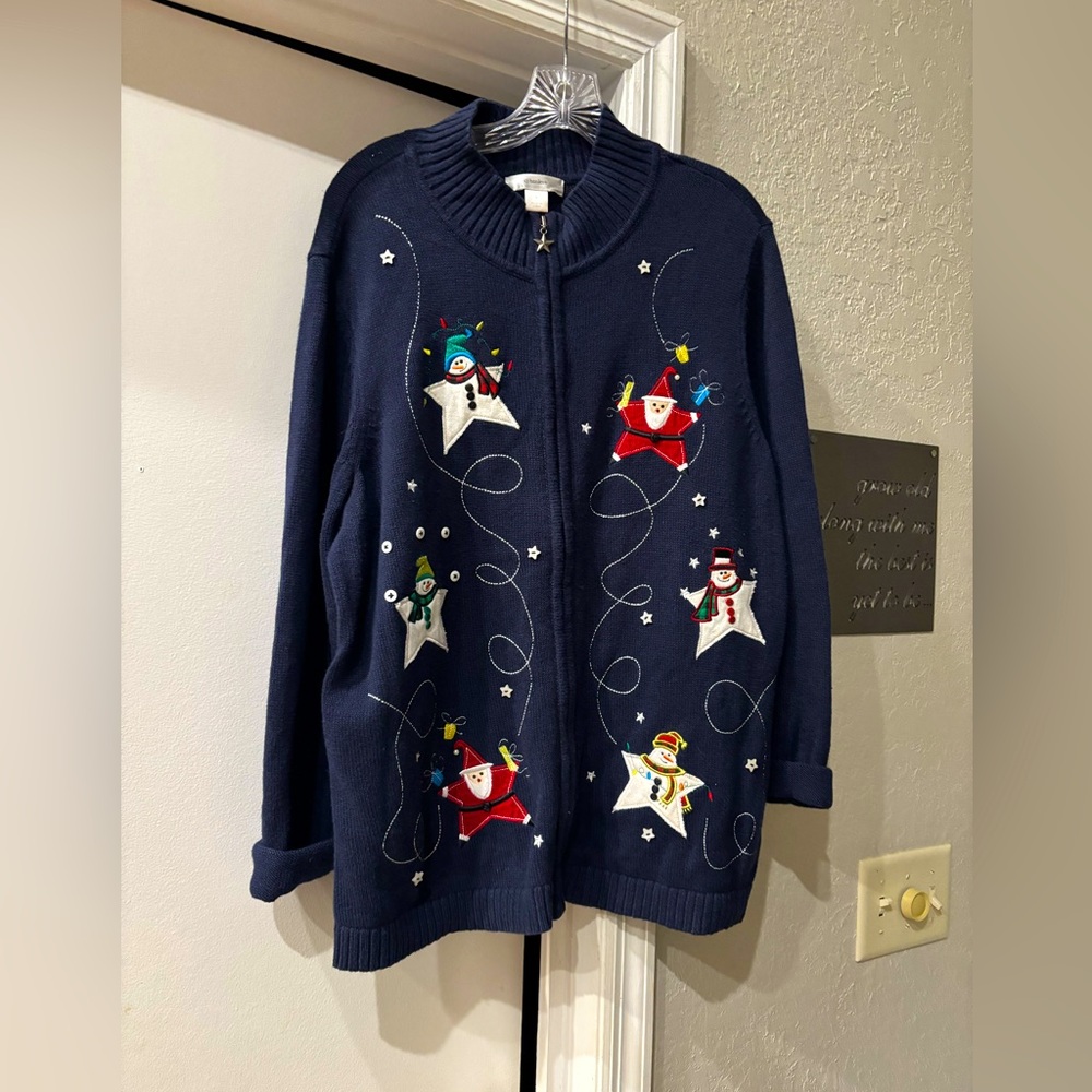 Navy Santa Sweater by CJ Banks - A Perfect Cardigan for the Holidays - XL Zipper